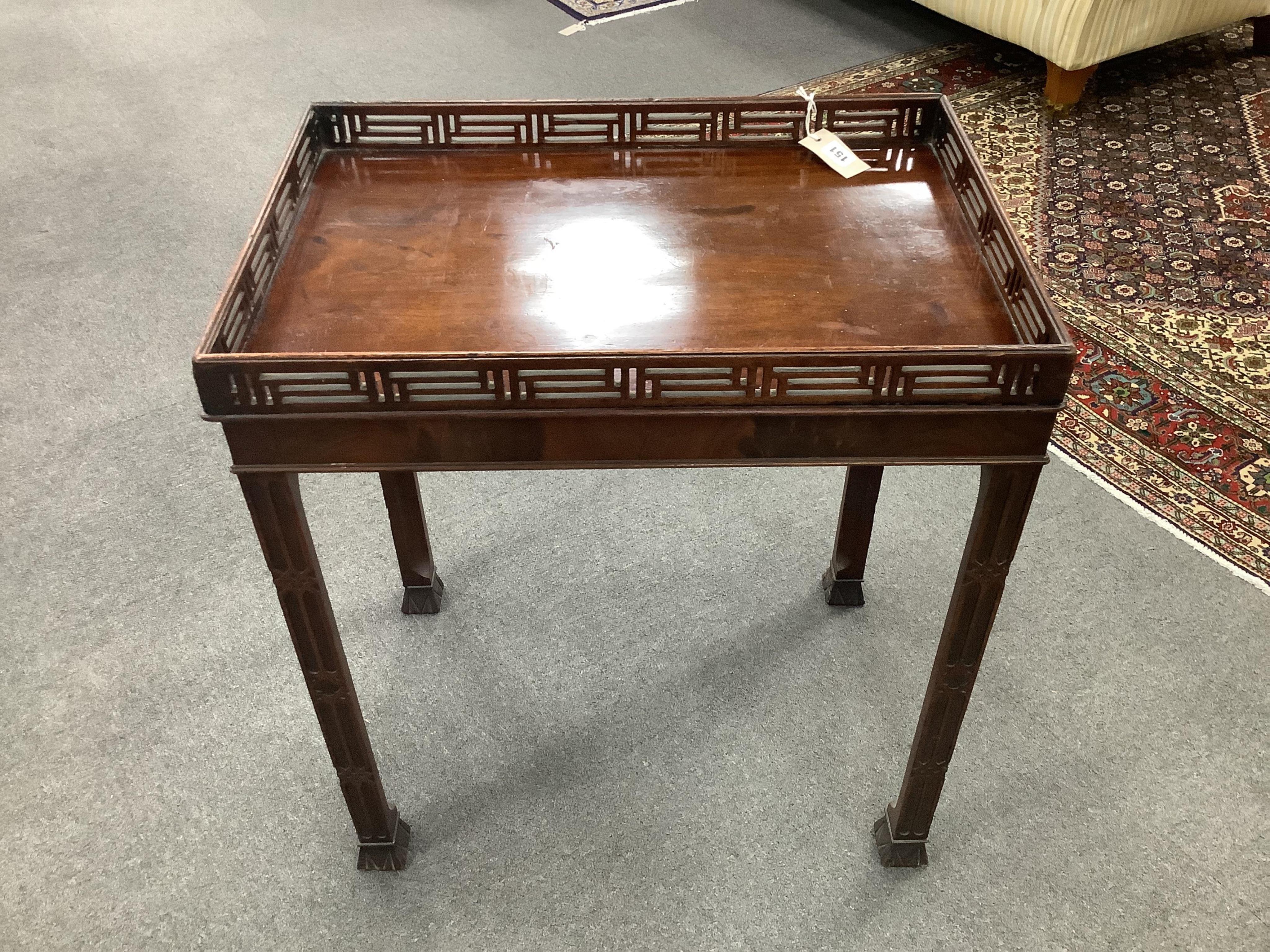 A George III Chippendale period rectangular mahogany silver table with white metal presentation plaque, width 64cm, depth 44cm, height 73cm. (restored). Condition - good